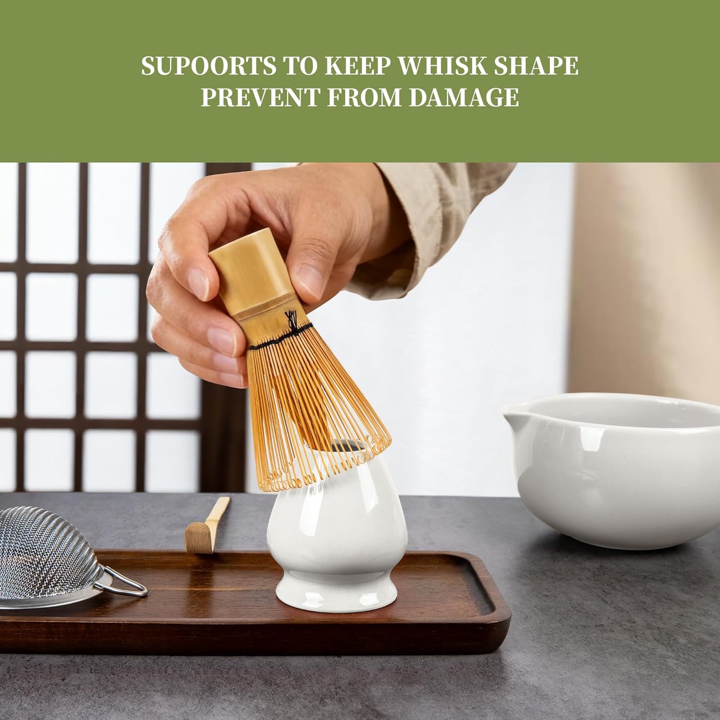 YIBO Matcha Whisk Set With Bowl, Ceramic Matcha Making Kit Includes Bamboo Whisk (Chasen), Holder Stand, Powder Starter Sifter, Scoop, Measuring Spoon & Cup Tea Tools For Ceremony (Mottled Green)