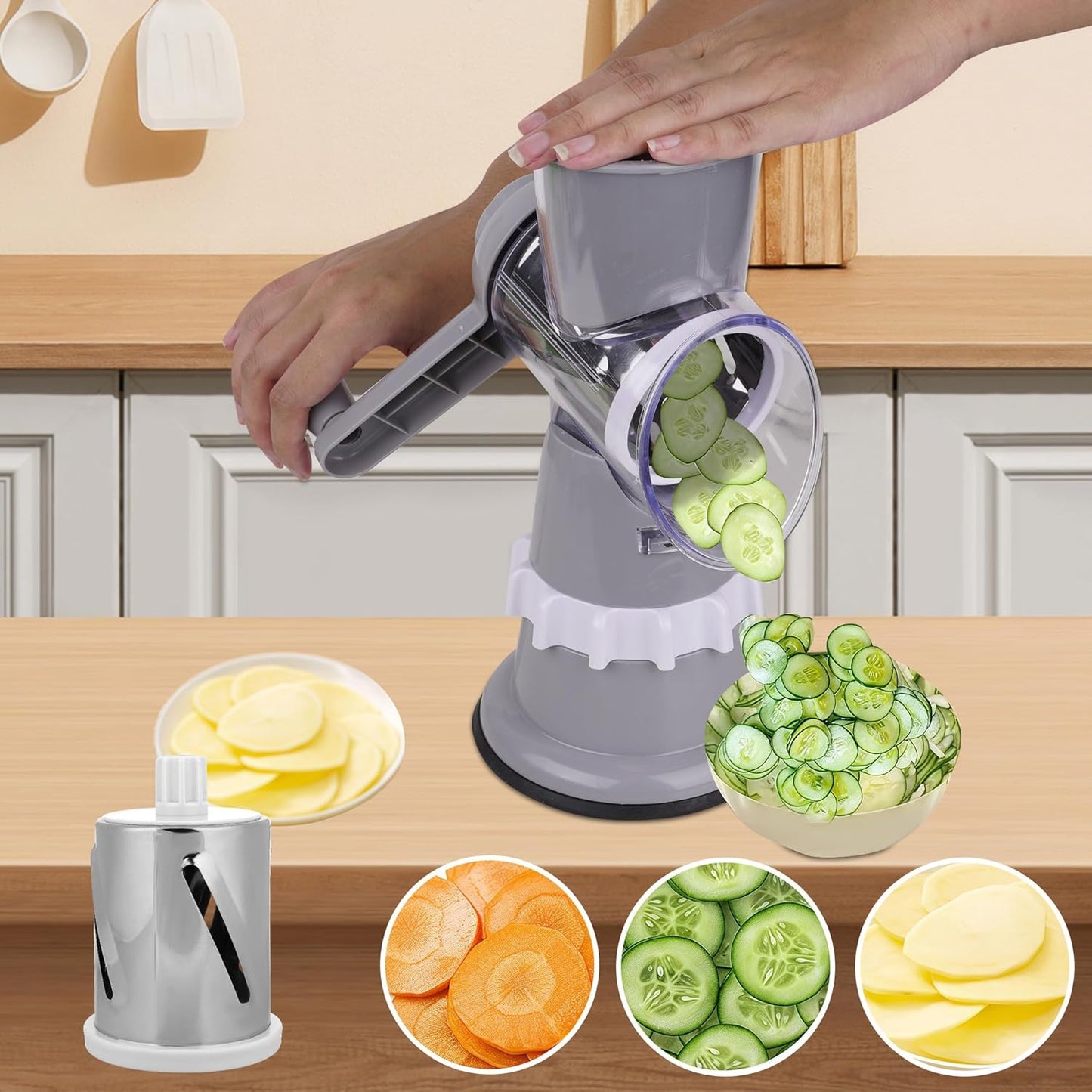 Rotary Cheese Grater Hand Crank with Peeler, Cheese Shredder with 3 Stainless Steel Changeable Blades, Kitchen Food Slicer with Non-Slip Suction Base for Cheese Fruit Vegetables Nuts (Gray)