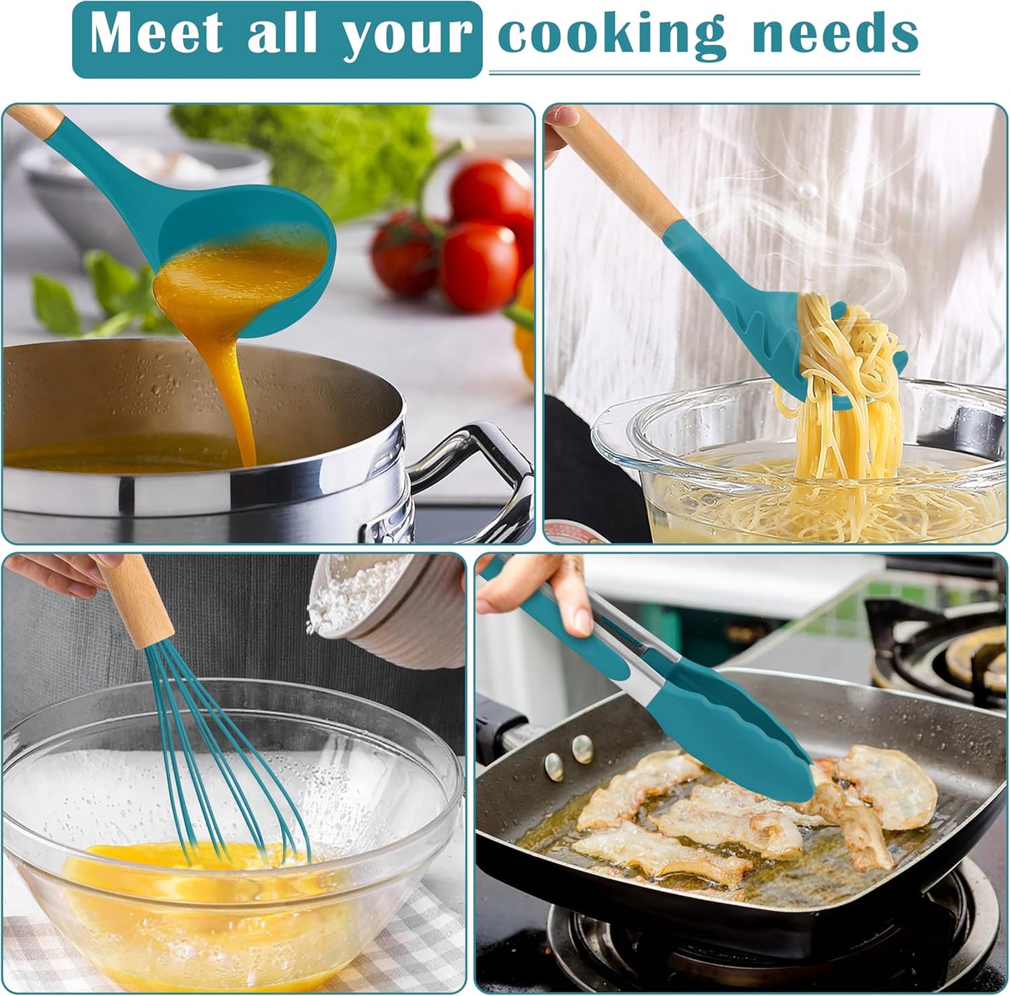 E-far Silicone Cooking Utensils Set, 10-Piece Heat Resistant Kitchen Utensils Set with Wooden Handle for Nonstick Cookware, Kitchen Nonstick Tools Spatula Whisk Tongs Ladle, Non-toxic & Healthy(Khaki)
