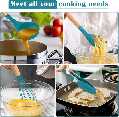 E-far Silicone Cooking Utensils Set, 10-Piece Heat Resistant Kitchen Utensils Set with Wooden Handle for Nonstick Cookware, Kitchen Nonstick Tools Spatula Whisk Tongs Ladle, Non-toxic & Healthy(Khaki)