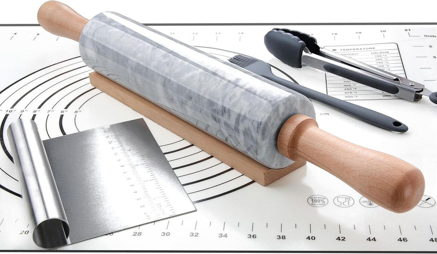 Marble Rolling Pin with Wooden Cradle Thick Handle Set for Baking,18.5 inch Premium Quality Polished Roller for Pizza Dough,Fondant,Pie Crust,Non-Stick Surface Easy to Clean(White)