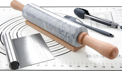 Marble Rolling Pin with Wooden Cradle Thick Handle Set for Baking,18.5 inch Premium Quality Polished Roller for Pizza Dough,Fondant,Pie Crust,Non-Stick Surface Easy to Clean(White)