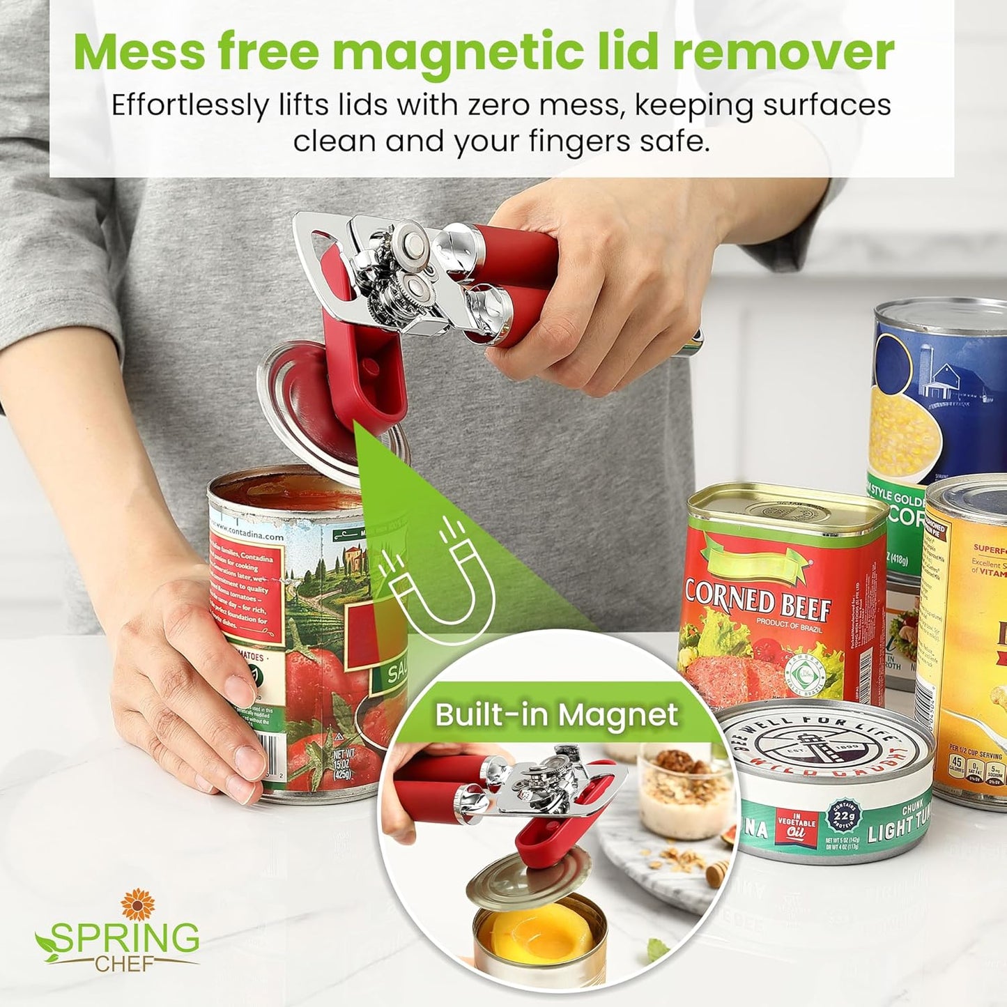 Spring Chef Stainless Steel Can Opener - Manual with Soft Grip Handles, Easy Turn, Heavy Duty Hand Can Openers for Seniors with Smooth Edge - Magnetic Lid Remover - Black