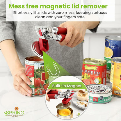 Spring Chef Stainless Steel Can Opener - Manual with Soft Grip Handles, Easy Turn, Heavy Duty Hand Can Openers for Seniors with Smooth Edge - Magnetic Lid Remover - Black