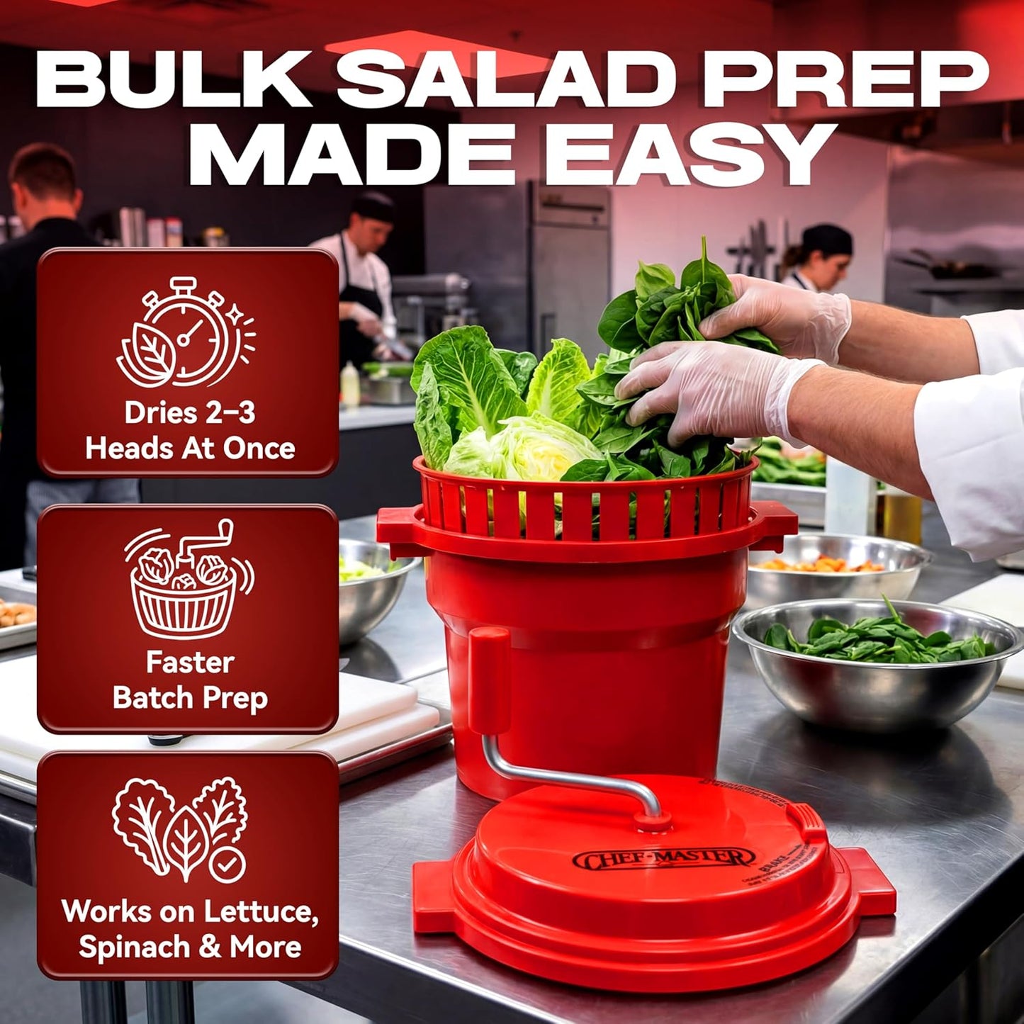 5 Gallon Chef Master Commercial Salad Spinner Dryer – Hand Powered Manual Lettuce Spinner and Fruit Washer Bowl w/ Strainer - Sealed Gearbox, Built In Brake System - Durable Spinner Mechanism - 90005