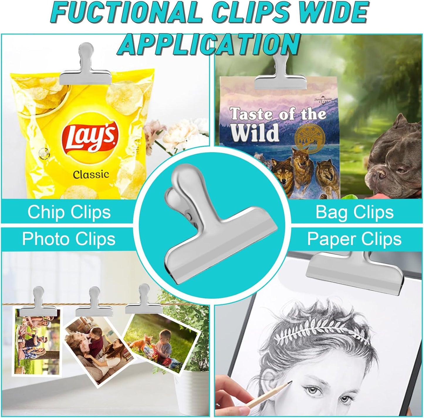 Funfery Chip Clips Bag Clips Gold Stainless Steel Clip for Food Storage,Air Tight Seal Chip Bag Clip 3 Inch Strong Food Clipp for Snack,Chips,Kitchen Decor,Home&Office Paper Heavy Duty-8 Pack