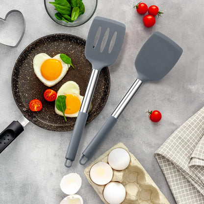 E-far Cooking Utensils Set of 4, Silicone Kitchen Utensils for Non-stick Cookware, Heat Resistant & Non-toxic Slotted Spatula Solid Spoon Turner for Flipping Mixing Serving Basting(Black)