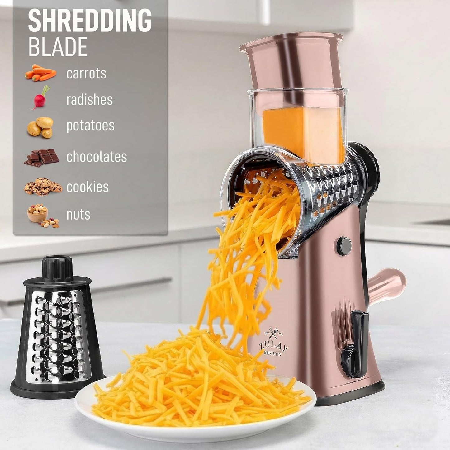 Zulay Kitchen Rotary Cheese Grater 5 Blade Cheese Shredder - Manual Hand Crank Cheese Grater With Reinforced Suction & 5 Interchangeable Drums - Easy to Use, Vegetable Chopper Round Mandoline Slicer - Colors A