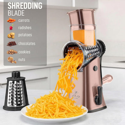 Zulay Kitchen Rotary Cheese Grater 5 Blade Cheese Shredder - Manual Hand Crank Cheese Grater With Reinforced Suction & 5 Interchangeable Drums - Easy to Use, Vegetable Chopper Round Mandoline Slicer - Colors A