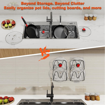 2 Pack Pot Lid Organizer, 6-Tier Pots and Pans Lid Organizer Under Cabinet, No Drilling, Rustproof, Lid Organizers Inside Cabinet for Small Space Solution & Kitchen Cabinet Organization