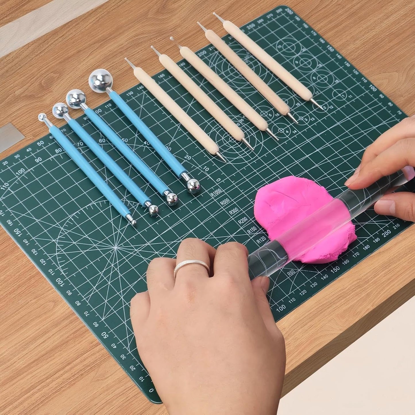Basic Polymer Clay Tools, Clay Sculpting Tools Acrylic Roller Pin, Clear Rectangle Sheet Press Board, Double-Ended Pottery Carving Set for Beginner (15)