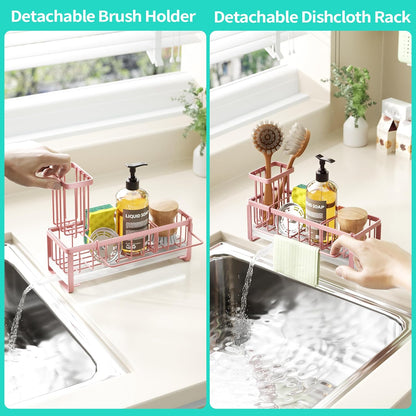 HapiRm Sponge Holder for Kitchen Sink - Self-draining Sink Caddy with Brush and Dishcloth Holders, Stainless Steel Kitchen Countertop Organizers and Storage Essentials - Black