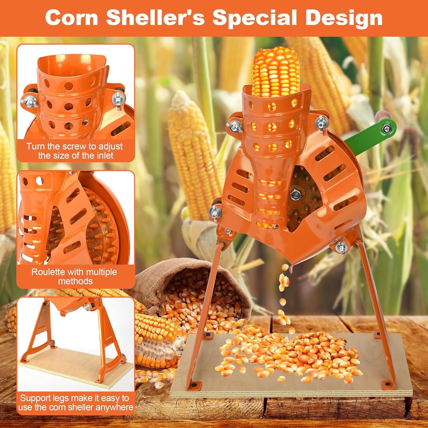 Corn Sheller and Stripper Machine - Hand Crank & Electric Corn on the Cob Remover with Fixed Wooden Base, Sturdy All-in-One Shelling Design
