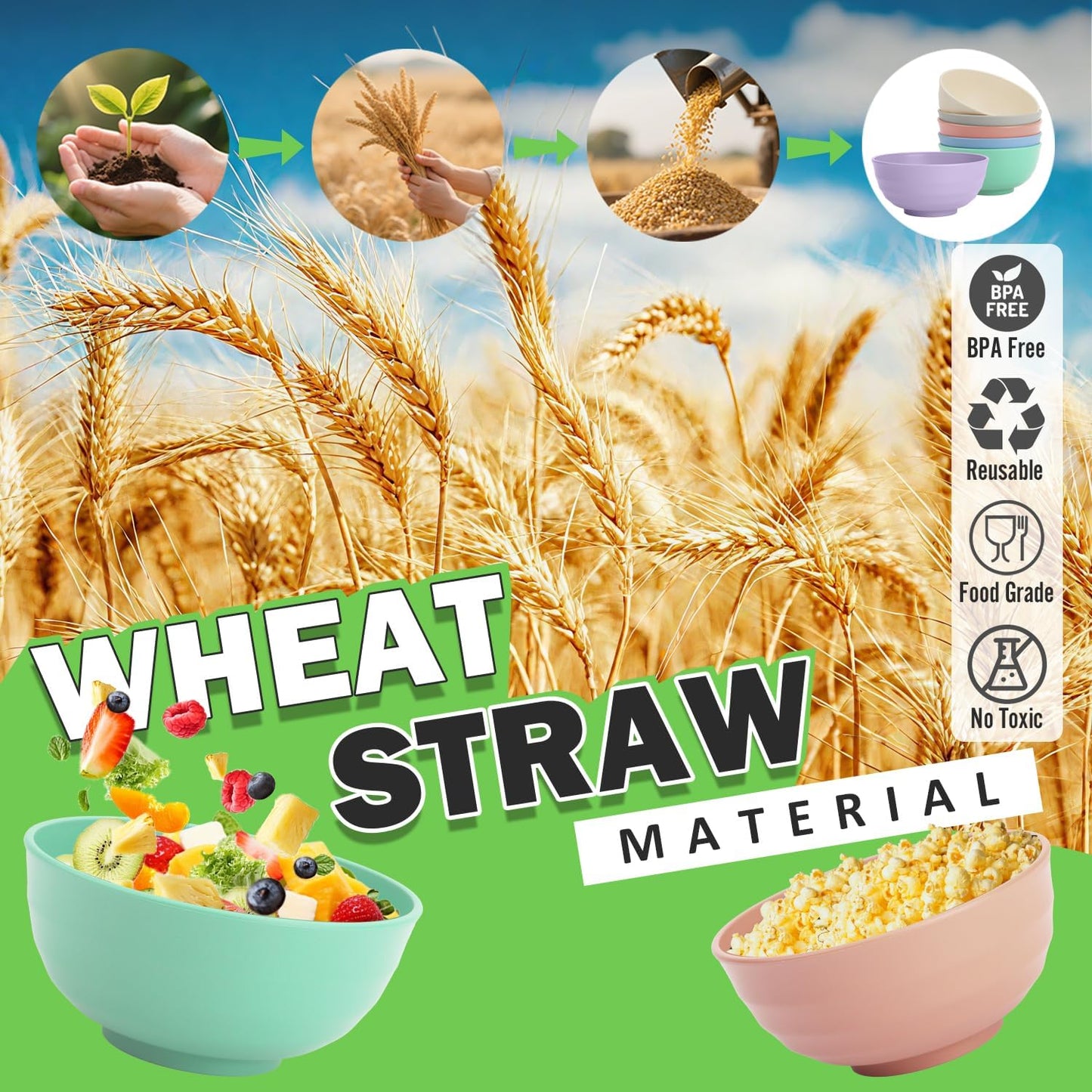 Wheat Straw Bowls Set with Lids, Unbreakable 40 OZ Cereal Bowls Set of 4, Salad Container for Lunch, Microwave & Dishwasher Safe Bowl Set for Kitchen, Picnic, RV, Camping, Multi