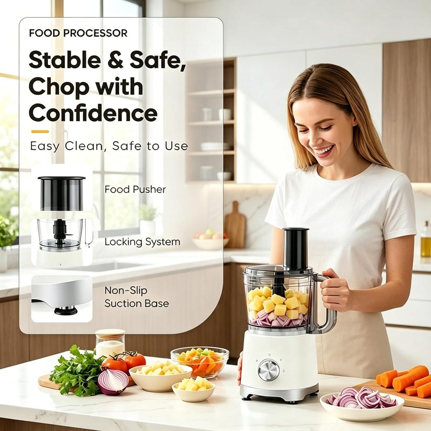 Simple Deluxe 10.5 Cup Food Processor, Multi-Functional Vegetable Choppers Food Grinder with Slicing Shredding Chopping Kneading, Suitable for Smoothie Fruit Dough, 2.6QT, Classic White