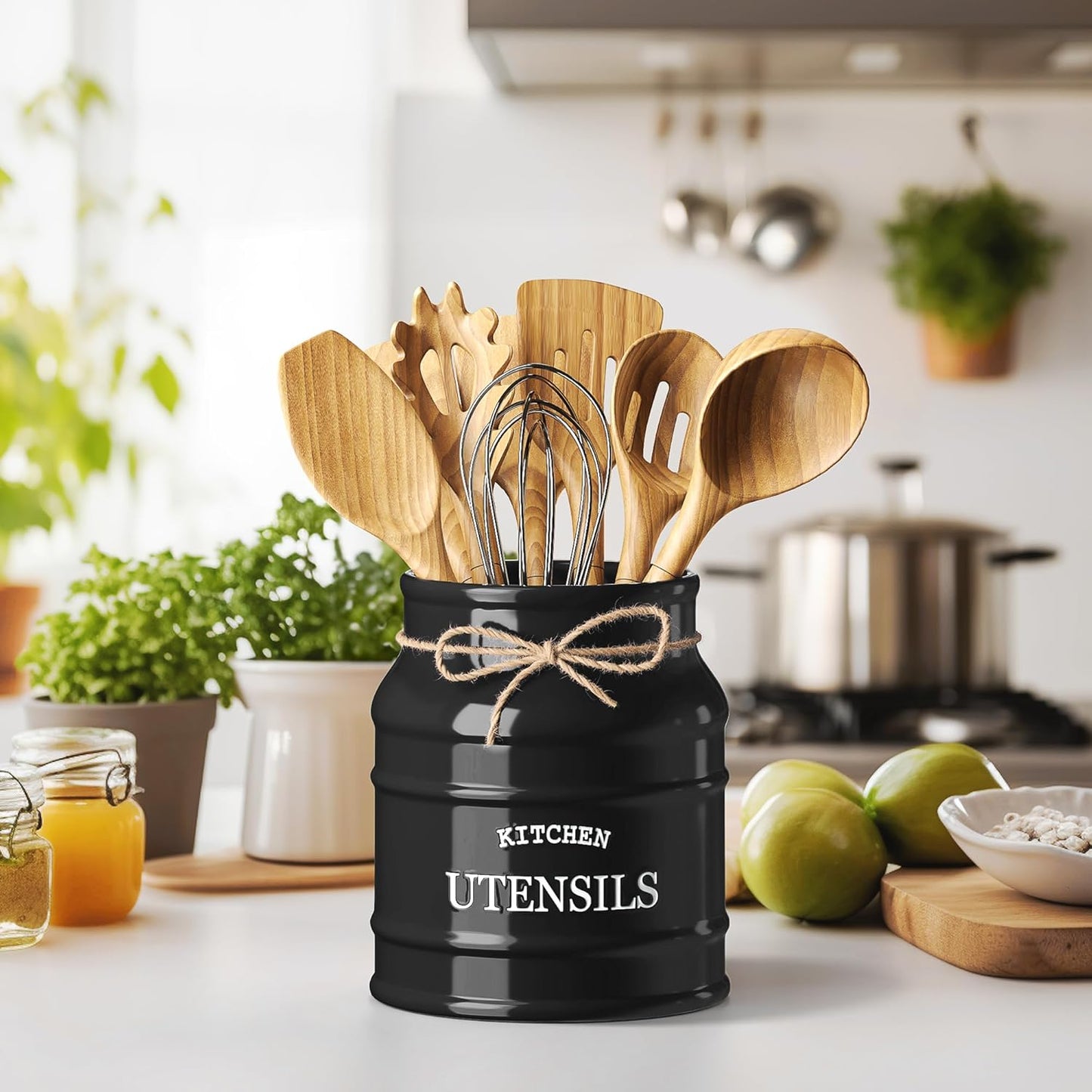 Barnyard Designs Ceramic Farmhouse Utensil Holder for Kitchen Counter, Large Rustic Utensil Crock, Countertop Cooking Tool Spatula Organizer, 6.75” (Taupe)