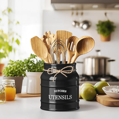 Barnyard Designs Ceramic Farmhouse Utensil Holder for Kitchen Counter, Large Rustic Utensil Crock, Countertop Cooking Tool Spatula Organizer, 6.75” (Taupe)