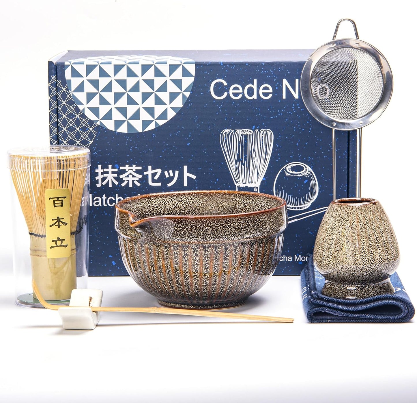 7pcs Matcha Whisk Set with 18oz Spout Bowl, Japanese Tea Ceremony Kit, Natural Bamboo Whisk Scoop, Ceramic Holder Sifter Towel, Best Gift for Beginners and Matcha Lovers