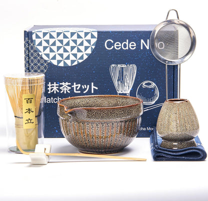7pcs Matcha Whisk Set with 18oz Spout Bowl, Japanese Tea Ceremony Kit, Natural Bamboo Whisk Scoop, Ceramic Holder Sifter Towel, Best Gift for Beginners and Matcha Lovers