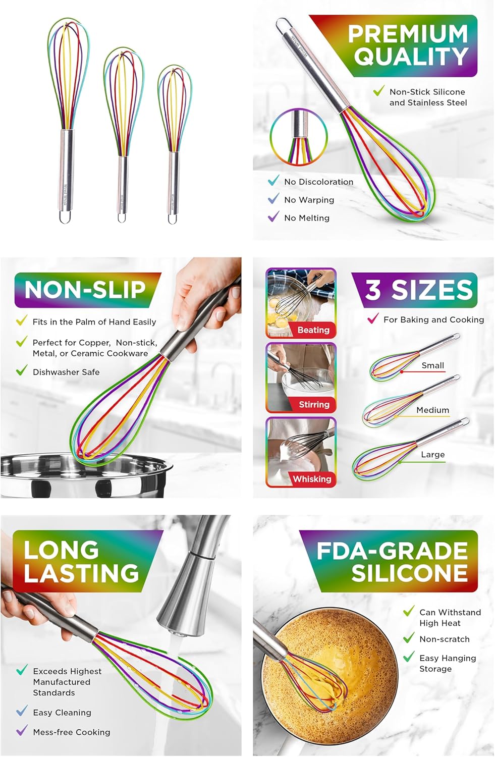Silicone Whisk Set - Non-Scratch Set of 3 - Mini & Small Sizes - Stainless Steel Whisk - Cookware Wisking Tool