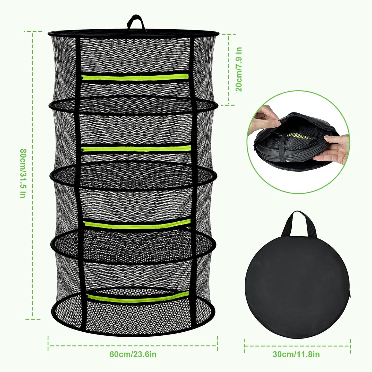 MEKOLIFE Herb Drying Rack Hanging-8 Layer, Collapsible Large Capacity Mesh Net with Green Zipper, Hooks & Bonus Garden Scissors, for Fresh Herbs/Flowers/Plants, Indoor Outdoor Use (23.62")