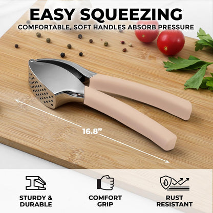 Zulay Kitchen Comfort Grip Garlic Press - Garlic Mincer Tool - Garlic Crusher - Garlic Press Mincer Rust Proof, with Soft Ergonomic Handle, Easy Clean Set with Peeler and Brush - Red