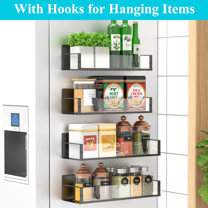 HuggieGems Metal 4 Pack Magnetic Spice Storage Rack Organizer for Refrigerator and Oven, Black Fridge Organizers and Storage, Metal