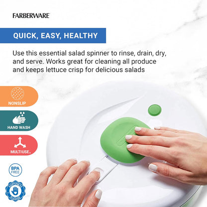 Farberware Small Pro Salad Spinner, 3.16 Qt Lettuce Spinner with Pump Mechanism, Colander Basket and Non-Slip Base - Compact Fruit Washer Spinner Bowl for Singles and Couples