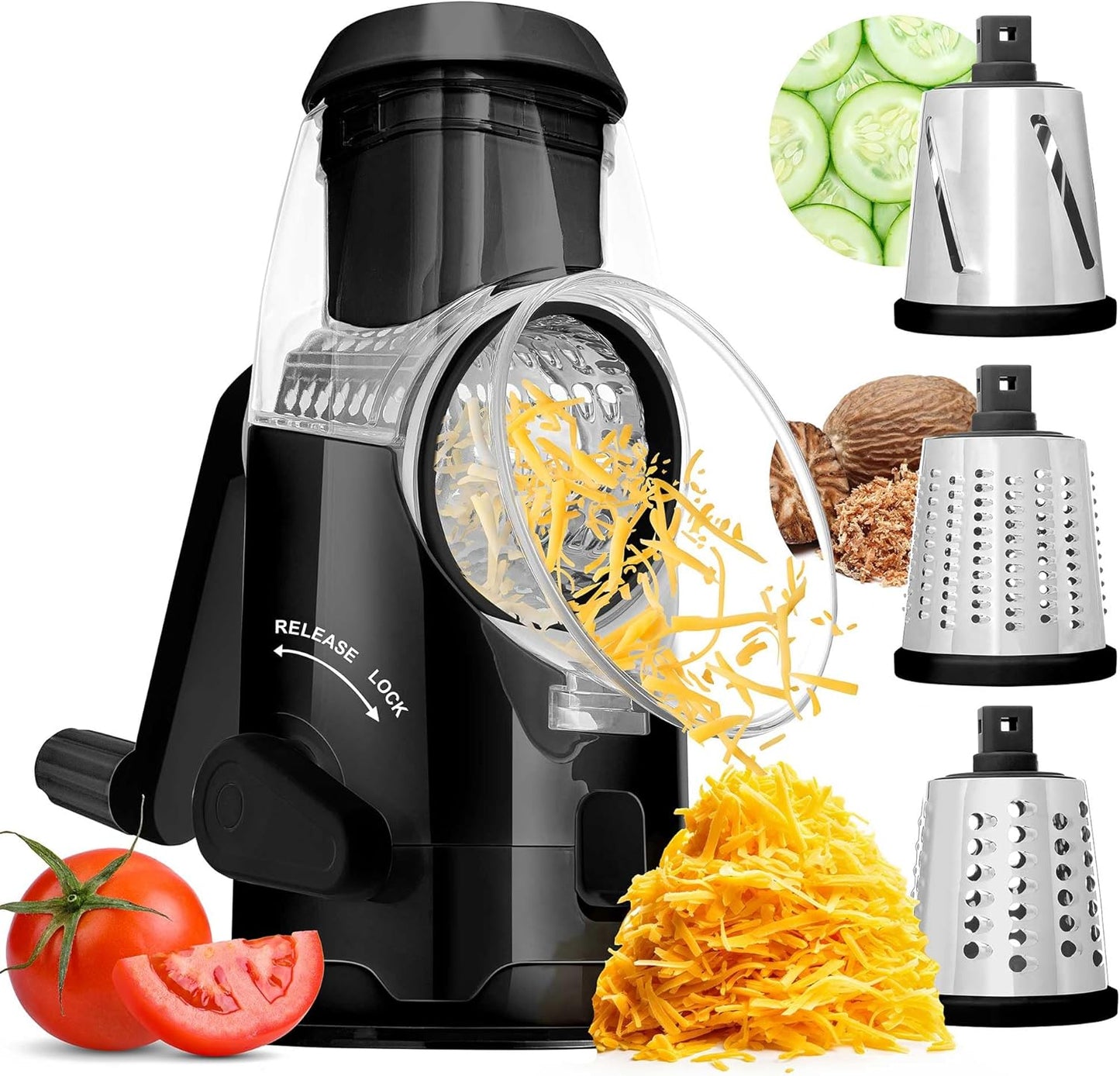 Brentwood KA-5060BK Rotary Cheese, Vegetable, Nut Grater, Shredder, and Slicer, with Handle and Stainless Steel Drum Blades, Black