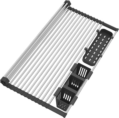 Black Expandable Roll Up Dish Drying Rack Up to 22.8''with 2 Storage Baskets,Over The Sink Kitchen Rolling up Dish Drainer Drying Rack , Foldable,Rollable,for Kitchen Dishes(Expandable Width Size)