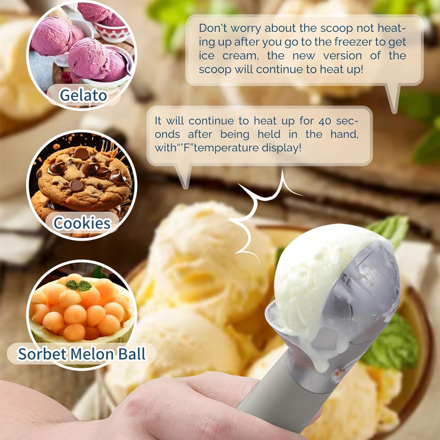 Heated Ice Cream Scoop Rechargeable, Electric Warming Ice Cream Scooper with LED Display, Heats to 158°F for Hard Ice Cream, Easy for Seniors & Kids, IP67 Waterproof (Black, 2 oz)