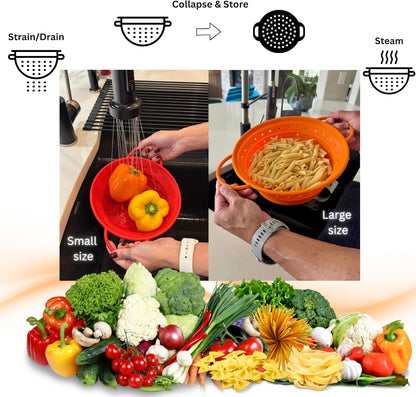 Silicone Colander, Collapsible Colander, Kitchen Food Strainer, Colander with Handles, Foldable Colander, Space-Saving Design, 2-pack