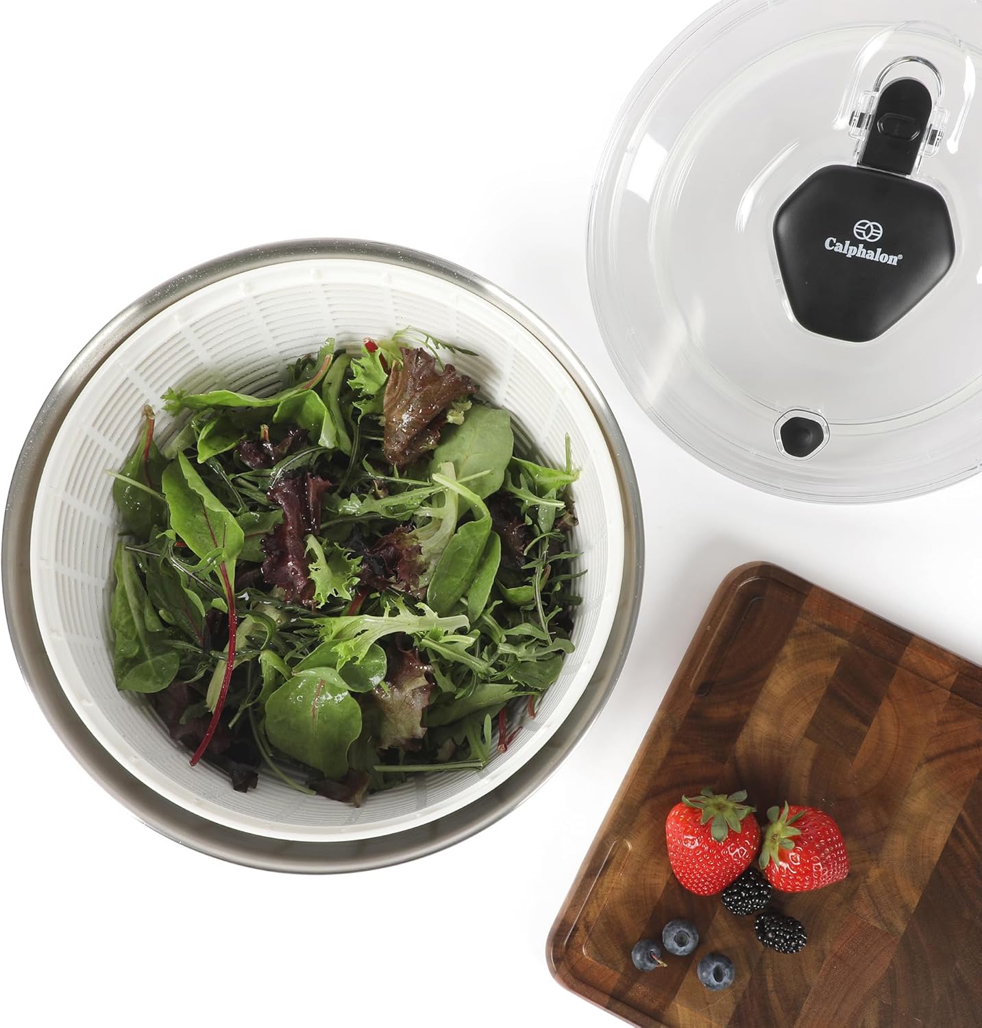 Calphalon Aero 6.3-Qt Stainless Steel Salad Spinner, Fruit & Vegetable Washer Bowl with Strainer Basket for Washing Lettuce, Spinach, Herbs & Fresh Produce