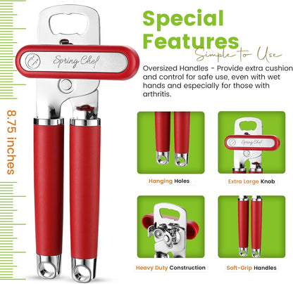 Spring Chef Stainless Steel Can Opener - Manual with Soft Grip Handles, Easy Turn, Heavy Duty Hand Can Openers for Seniors with Smooth Edge - Magnetic Lid Remover - Black