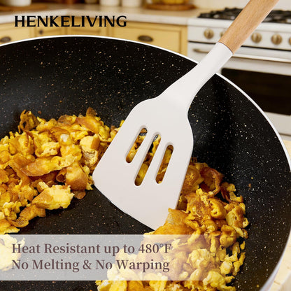 Silicone 10 Pcs Kitchen Cooking Utensils Set, Recycled Materials Certification, BPA Free Spatula Set with Heat Resistant Wood Handles for Nonstick Cookware, Cream White