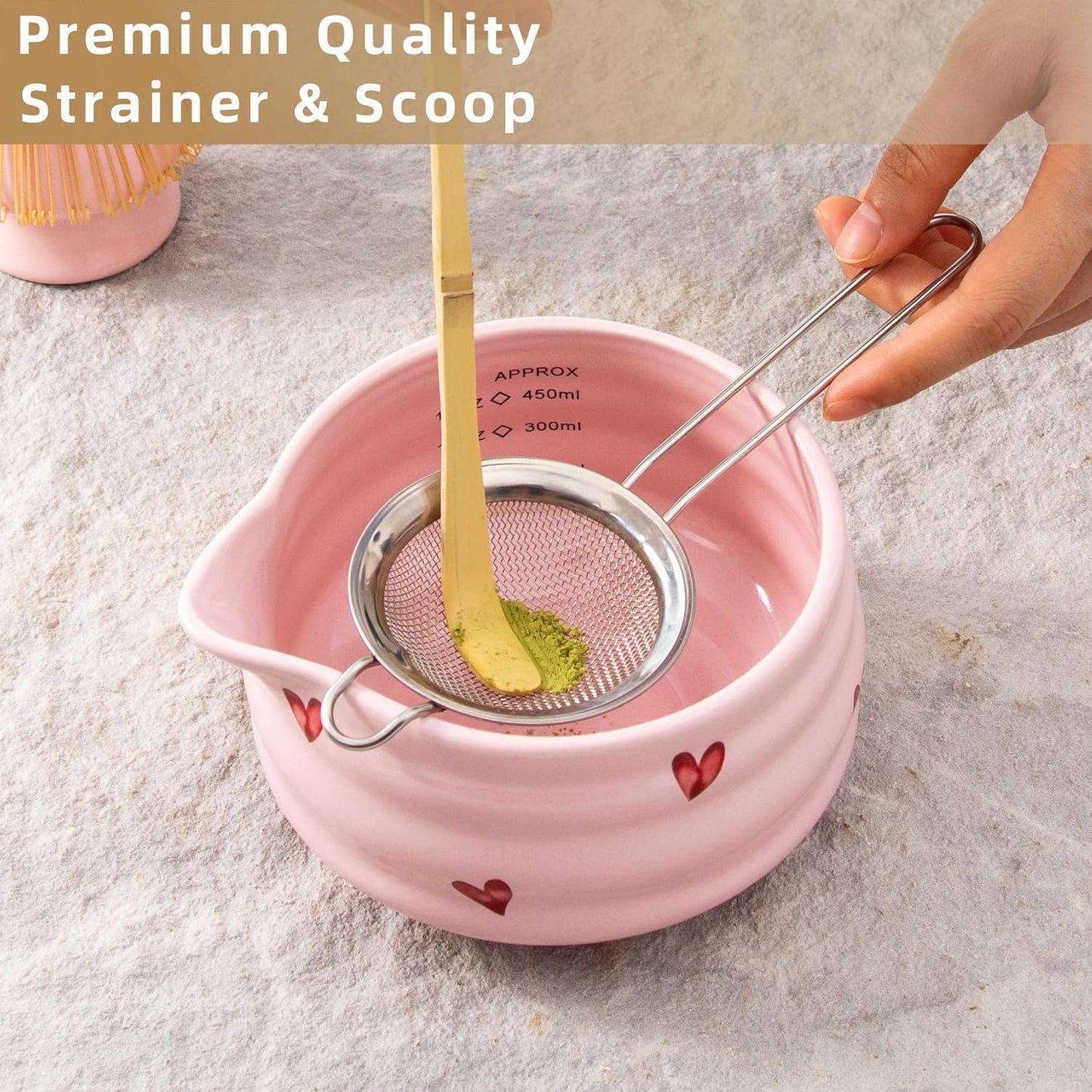 5pcs Premium Matcha Set,Ceramic Bowl with Spout and Bamboo Whisk set, Ceremonical Matcha Kit for breakfast/latte,Tea Starter Making Kit,Unique Matcha Gift set (pink love)