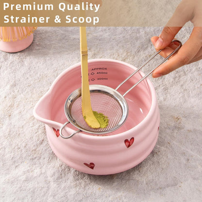 5pcs Premium Matcha Set,Ceramic Bowl with Spout and Bamboo Whisk set, Ceremonical Matcha Kit for breakfast/latte,Tea Starter Making Kit,Unique Matcha Gift set (pink love)