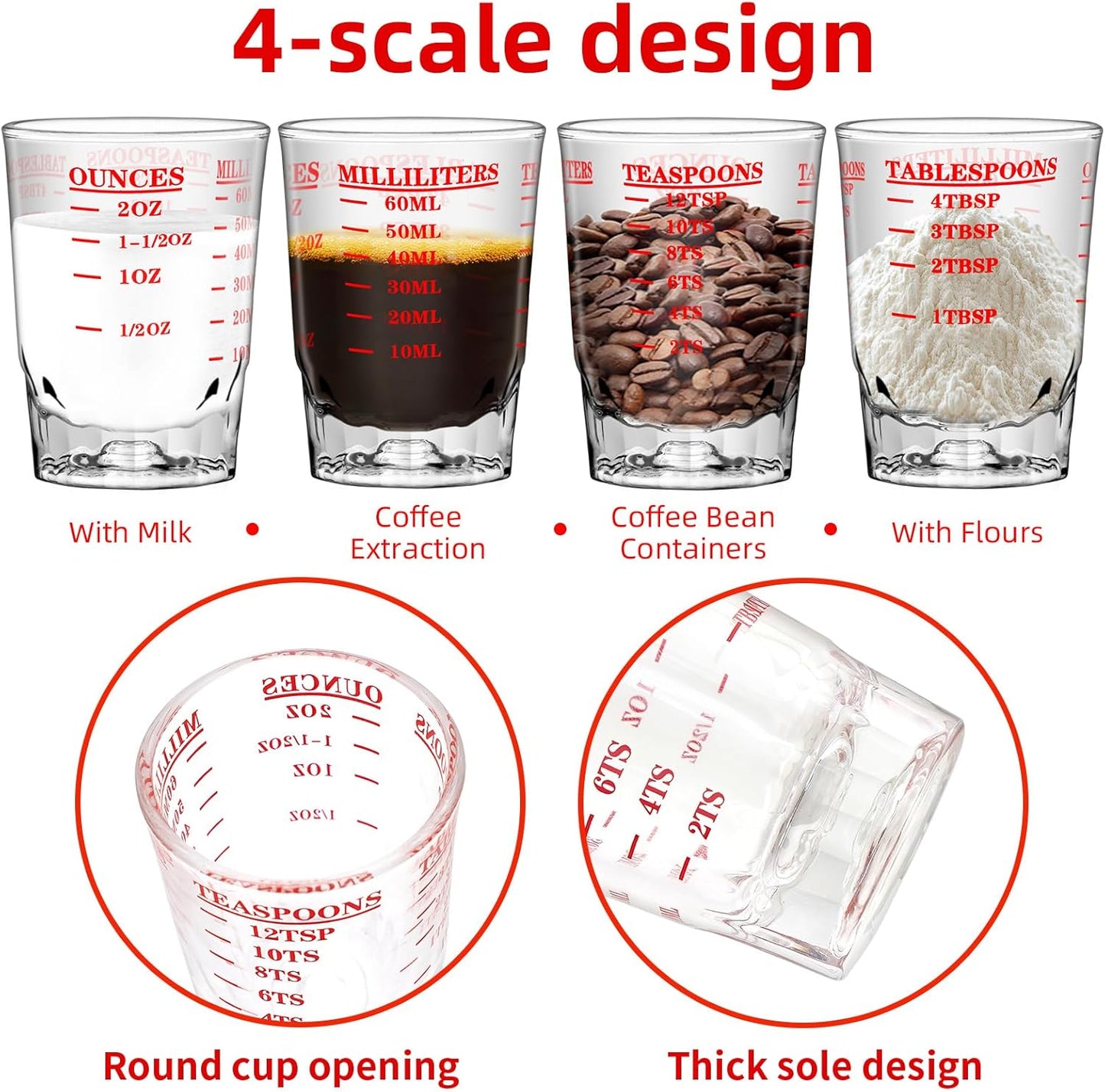 1Pc 2 OZ 4 Features Shot Glasses Measuring cup Liquid Heavy Glass Wine Glass Espresso Shot -Incremental Measurement Heavy 60ML (1, red)