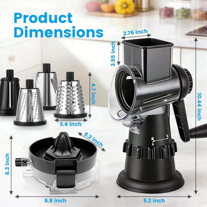 Rotary Cheese Grater Hand Crank, Vegetable Slicer with 3 Blades, Stable Suction, Labor-Saving Handle, Cheese Shredder for Potato Vegetables Nuts Chocolate, Black