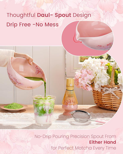 Matcha Whisk Set, 6pcs Matcha Kit Includes Large Matcha Bowl, Bamboo Whisk & Scoop with Cute Charm, Chasen Holder, Innovative Sifter, Tea Mat for Japanese Tea Ceremony-Floral Pattern