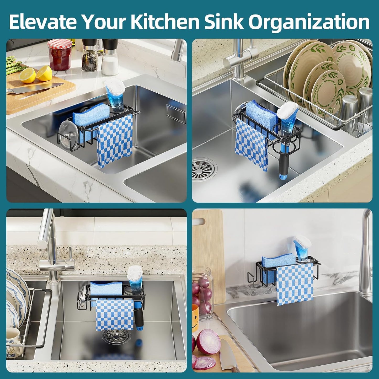 TAILI 4-in-1 Sink Caddy with Strong Suction Cup, Sponge Holder for Kitchen Sink Organizer, Removable, Rustproof, Stainless Steel Holder for Sponge, Brush, Scrubber, Scraper - Silver
