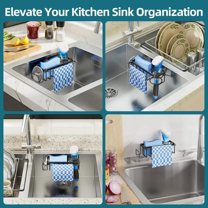 TAILI 4-in-1 Sink Caddy with Strong Suction Cup, Sponge Holder for Kitchen Sink Organizer, Removable, Rustproof, Stainless Steel Holder for Sponge, Brush, Scrubber, Scraper - Silver