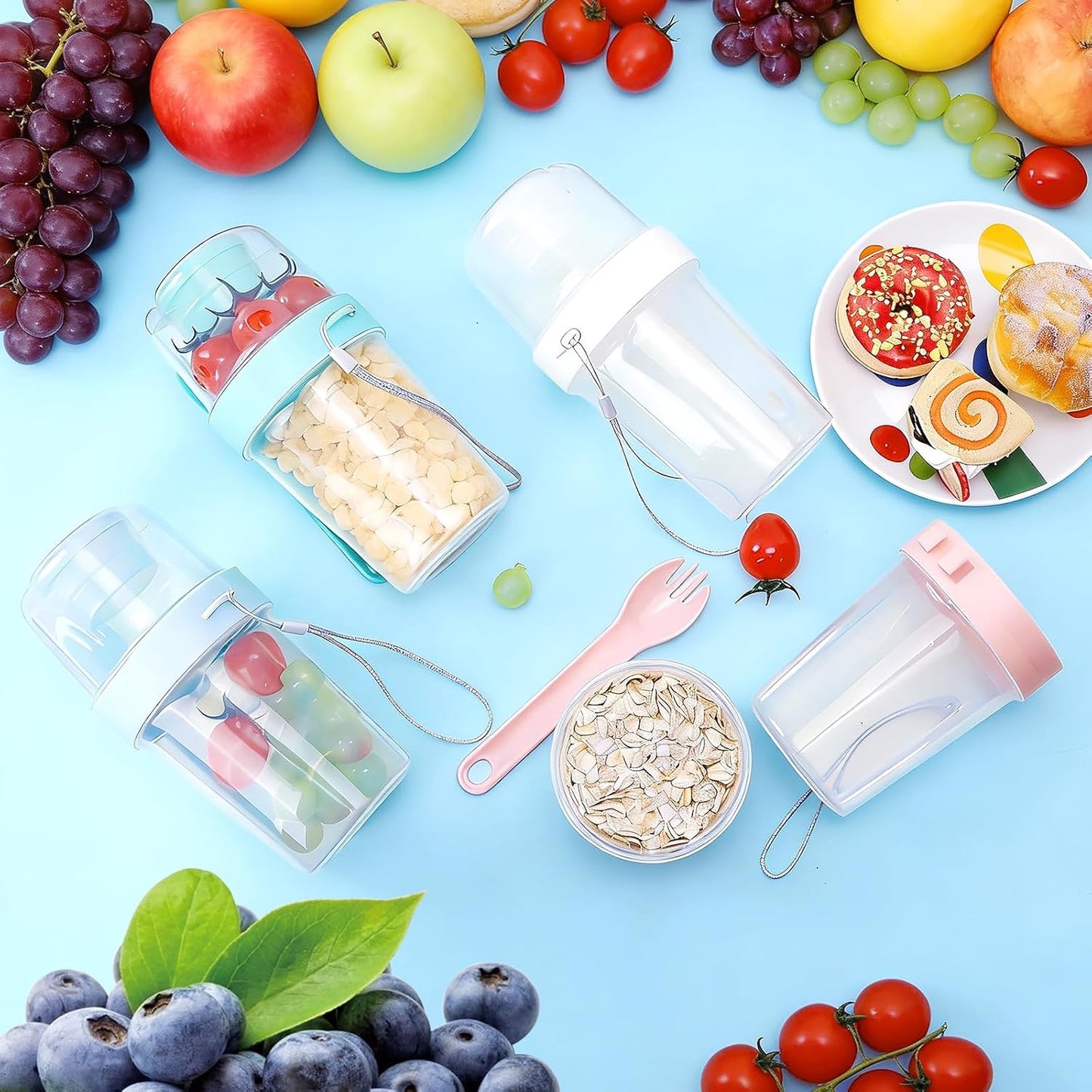 WRENYZK 4 Pcs Salad Shakers with Fork, Salad Cup To Go, Breakfast On The Go Cups, Health Container with Washing Brush, Salad Pods for Lunch, Separate Compartments, Leakproof Design