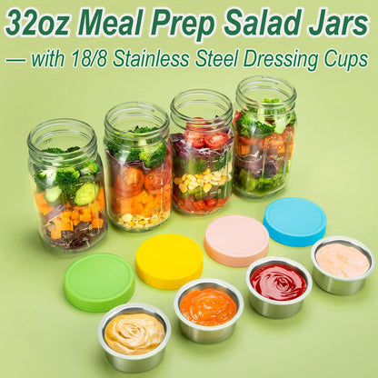 KTKUDY 4 Pack 32 oz Glass Salad Jars with Dressing Cups (Pod) - Meal Prep Salad Container for Lunch - Leakproof Mason Jars with Lids