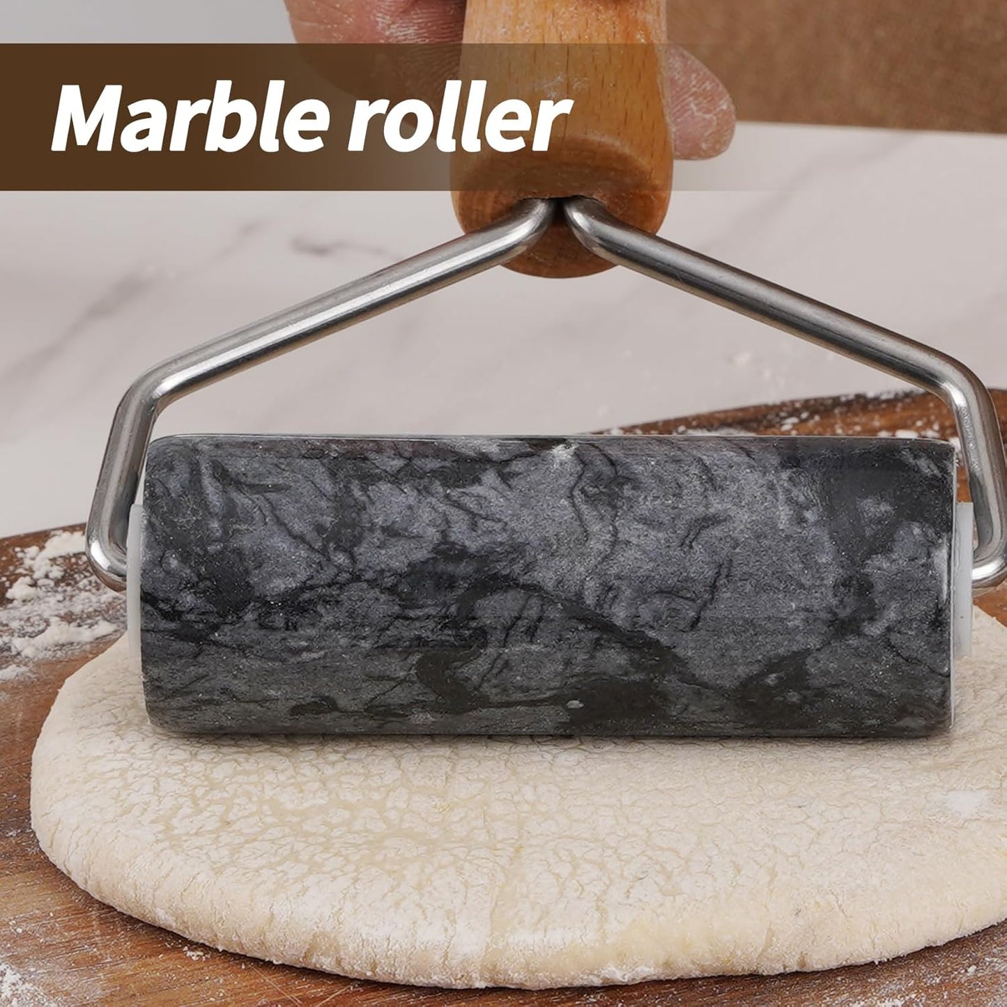 Small Marble Rolling Pin Pizza Roller with Dough Scraper Cutter, Marble Roller Non-Stick T-Type, For Cake Baking Tortilla Fudge Pizza Cookies and Other Kitchen Baking Cooking(White)