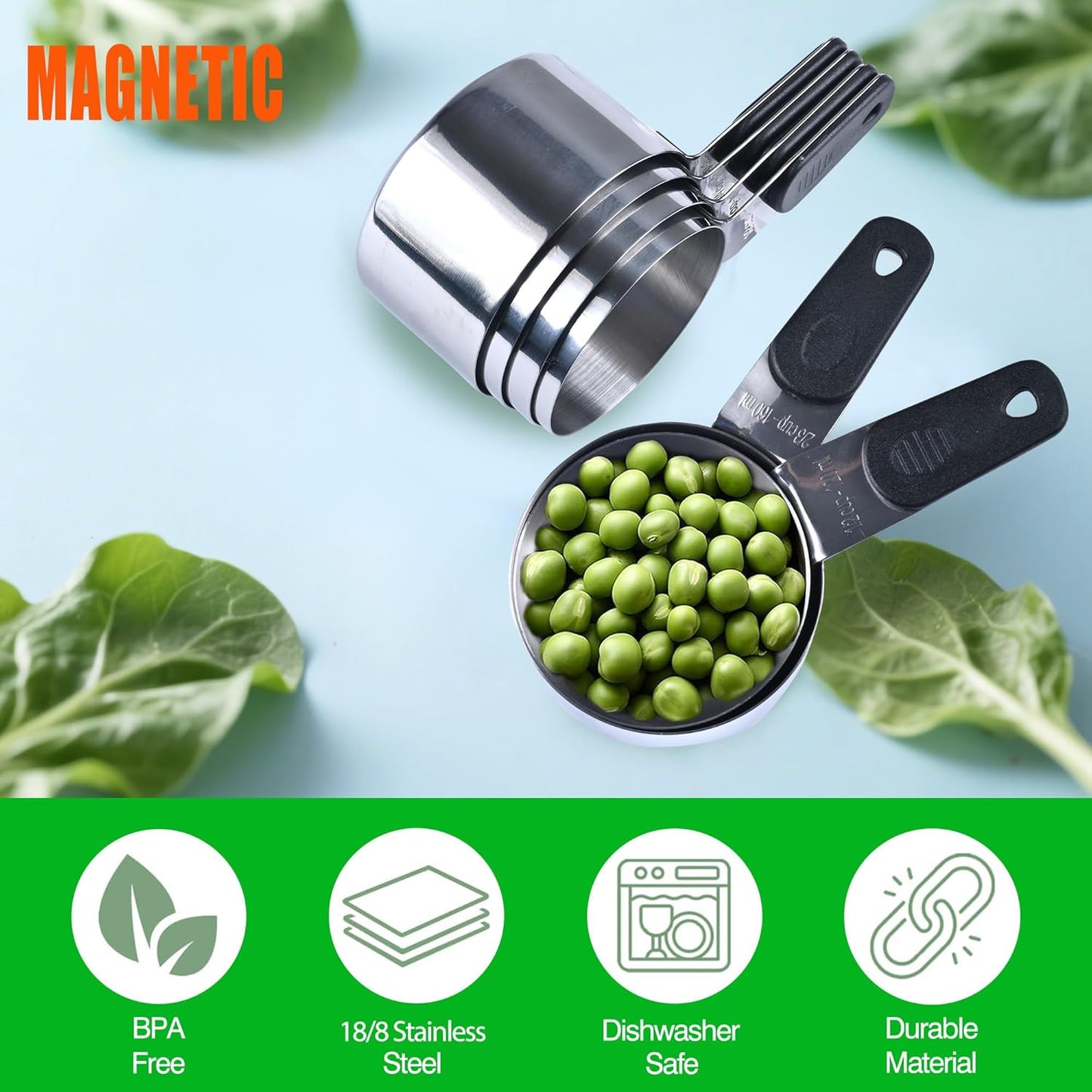 Magnetic Handles 5 Piece Stainless Steel Measuring Cups, Black, Kitchen Gadgets for Measure Liquid and Dry Ingredients, Cooking & Baking