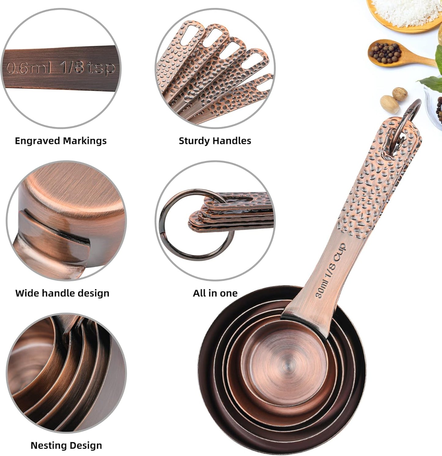 Measuring Cups Set, 18/8 Stainless Steel Measuring Cups and Spoons Set, 8 Kitchen Measuring cups & 9 Baking Measuring Spoons & Magnetic Conversion Chart&Leveler&Rings-Metal Measure Cups&Spoons