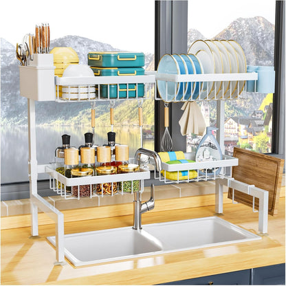 YKLSLH 4 Baskets Over The Sink Dish Drying Rack, Extendable Large Capacity Sink Rack, Metal Drying Rack Saving Space,for Most Sinks (26.57"-35")