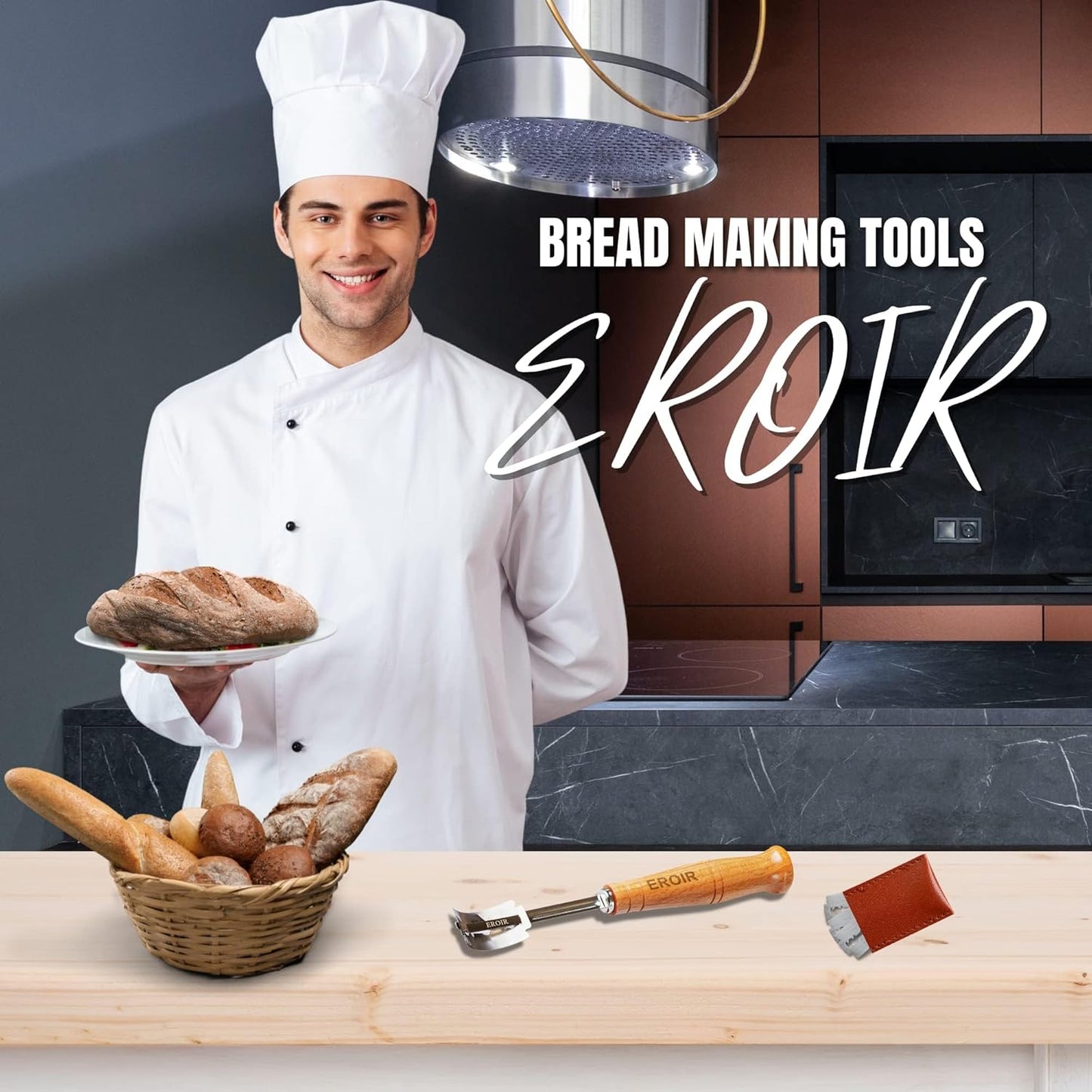 EROIR 13" Danish Dough Whisk Bread Lame Bowl Scraper Set - Dutch Sourdough Whisk Double Eye, Dough Scraper, Bread Scorer with 10 Blades and Leather Cover