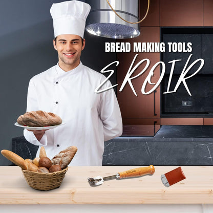EROIR 13" Danish Dough Whisk Bread Lame Bowl Scraper Set - Dutch Sourdough Whisk Double Eye, Dough Scraper, Bread Scorer with 10 Blades and Leather Cover